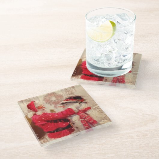 ヴィンテージサンタクロース雪だるまクリスマス ガラスコースター (アングル)