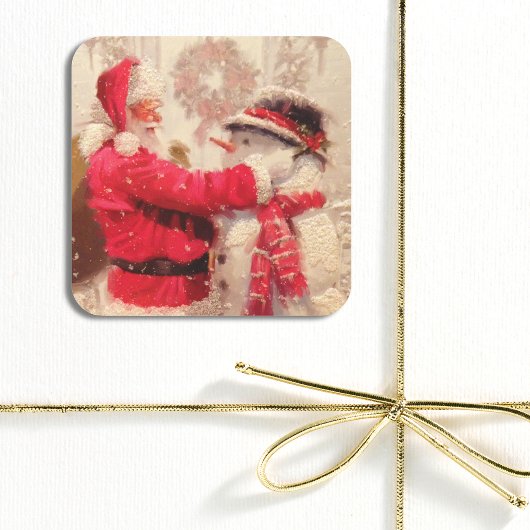 ヴィンテージサンタクロース雪だるまクリスマス スクエアシール