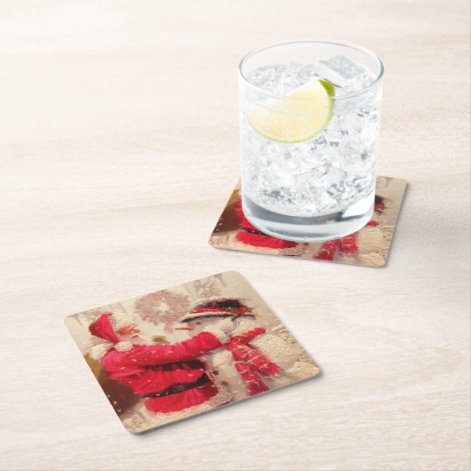 ヴィンテージサンタクロース雪だるまクリスマス スクエアペーパーコースター (インサイチュ)