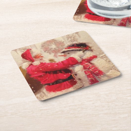 ヴィンテージサンタクロース雪だるまクリスマス スクエアペーパーコースター (アングル)