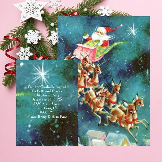 ヴィンテージサンタクロース飛んでいるトナカイ招待状 招待状