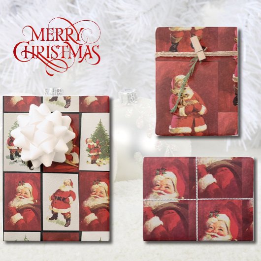 ヴィンテージサンタクロース1970年の3座標カード ラッピングペーパーシート