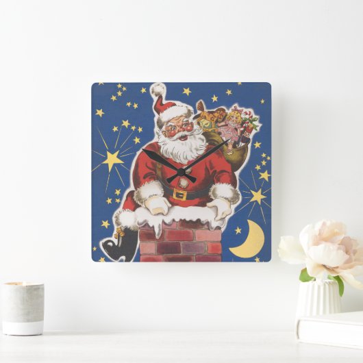 ヴィンテージサンタクロース、クリスマスの前の夜 スクエア壁時計 (ホーム)