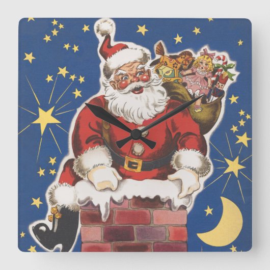 ヴィンテージサンタクロース、クリスマスの前の夜 スクエア壁時計 (正面)