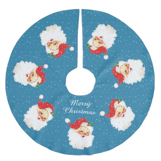 ヴィンテージサンタクロース&スノーフレークスオンブルー ブラッシュドポリエステルツリースカート (正面)
