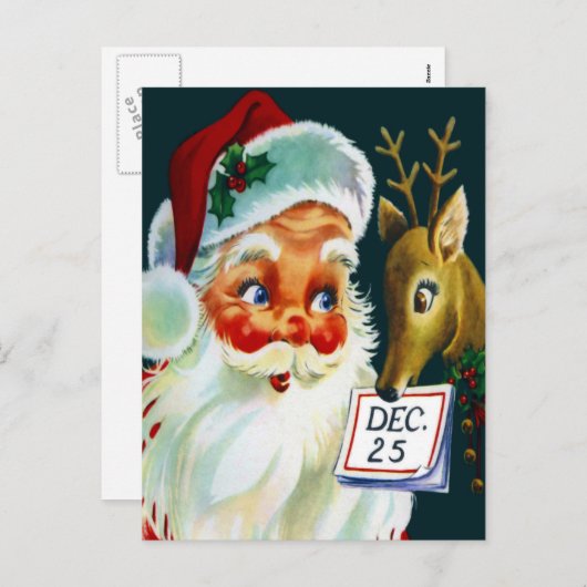 ヴィンテージサンタクロース&トナカイのクリスマスポストカード シーズンポストカード (正面/裏面)