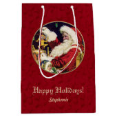 ヴィンテージサンタクロース、名前をカスタムするクリスマス ミディアムペーパーバッグ (正面)