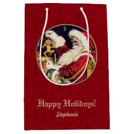 ヴィンテージサンタクロース、名前をカスタムするクリスマス ミディアムペーパーバッグ