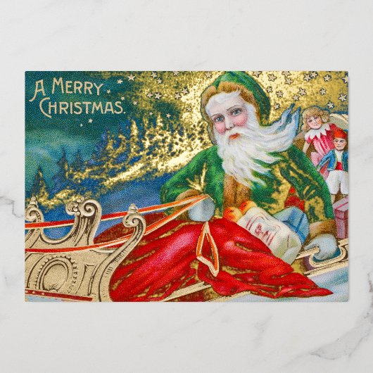 ヴィンテージサンタクロースSLEIGHメリークリスマス金ゴールド 箔シーズンカード (正面)