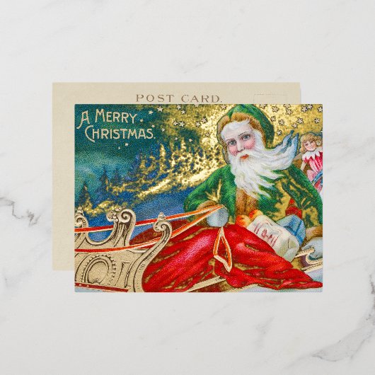 ヴィンテージサンタクロースSLEIGHメリークリスマス金ゴールド 箔シーズンポストカード (正面/裏面)