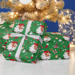 ヴィンテージサンタグリーンクリスマステーマ ラッピングペーパー