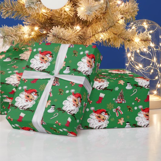 ヴィンテージサンタグリーンクリスマステーマ ラッピングペーパー (クリスマス)