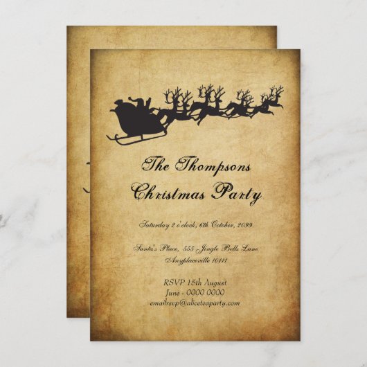 ヴィンテージサンタズスレイトナカイのクリスマスパーティー 招待状 (正面/裏面)