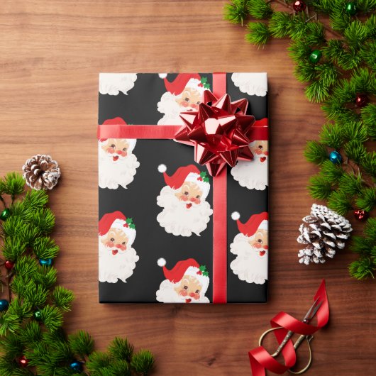 ヴィンテージサンタパターンブラッククリスマス ラッピングペーパー (クリスマスギフト)