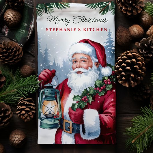 ヴィンテージサンタパーソナライズされたランタン キッチンタオル