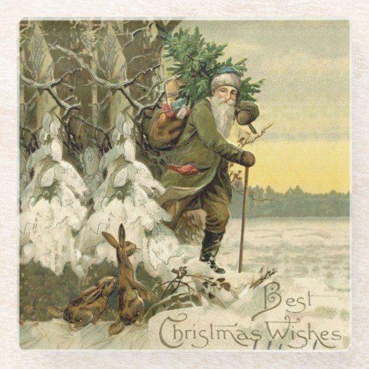 ヴィンテージサンタビクトリアンクリスマス ガラスコースター (正面)