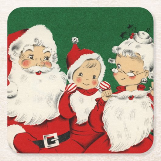 ヴィンテージサンタファミリークリスマス スクエアペーパーコースター (正面)