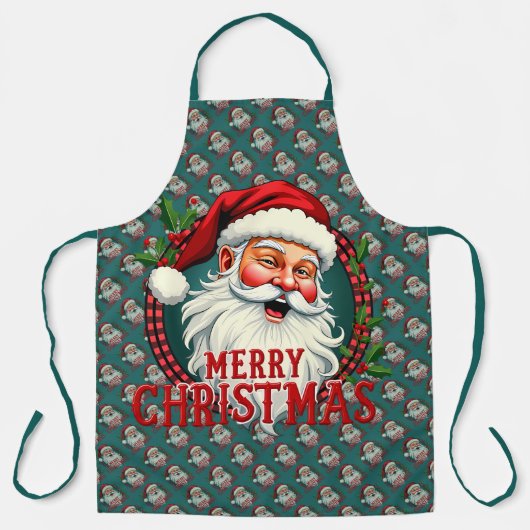ヴィンテージサンタメリークリスマスイラストレーションパッテン エプロン (正面)