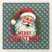 ヴィンテージサンタメリークリスマスイラストレーションパッテン ガラスコースター (正面)