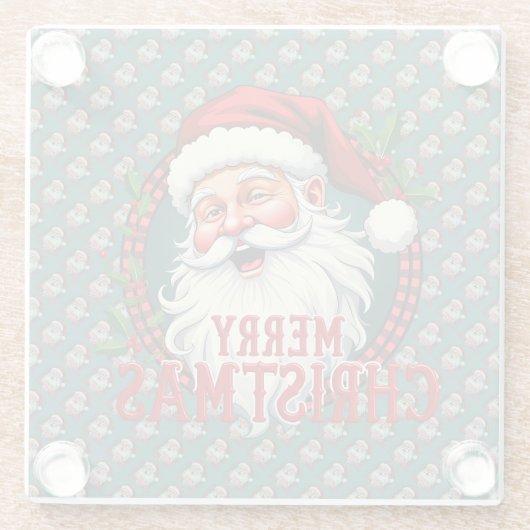 ヴィンテージサンタメリークリスマスイラストレーションパッテン ガラスコースター (裏面)