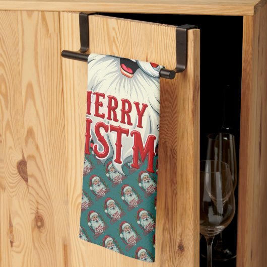 ヴィンテージサンタメリークリスマスイラストレーションパッテン キッチンタオル (三つ折り)