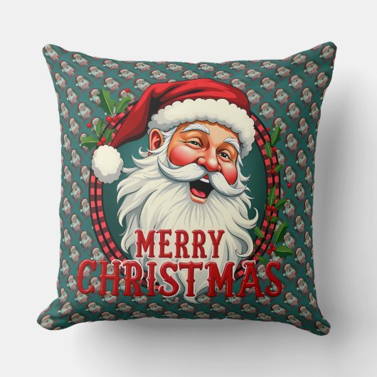 ヴィンテージサンタメリークリスマスイラストレーションパッテン クッション (正面)