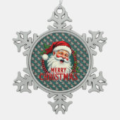 ヴィンテージサンタメリークリスマスイラストレーションパッテン スノーフレークピューターオーナメント (正面)
