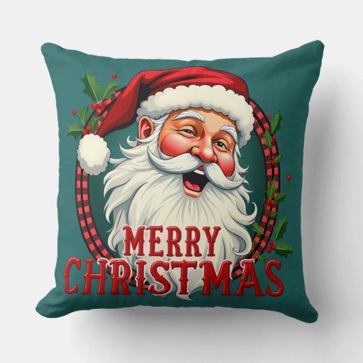 ヴィンテージサンタメリークリスマスイラストレーション クッション (正面)