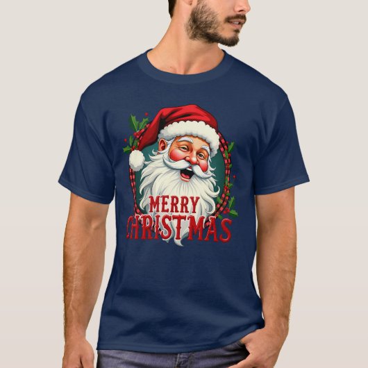 ヴィンテージサンタメリークリスマスイラストレーション Tシャツ (正面)