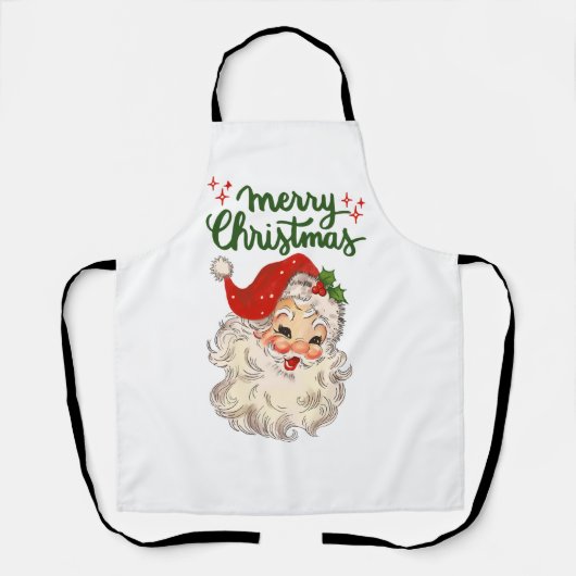 ヴィンテージサンタメリークリスマスレッドスターズホリデー エプロン (正面)