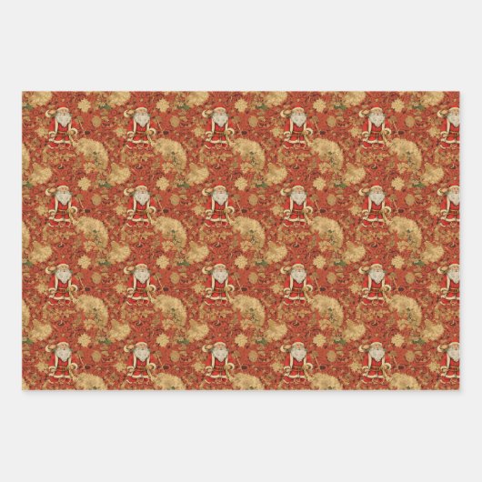 ヴィンテージサンタレトロクリスマスクリスマスパターンNo1 ラッピングペーパーシート (正面)