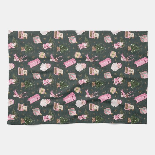 ヴィンテージサンタレトロピンククリスマスカスタムクリスマスモノグラム キッチンタオル (横)