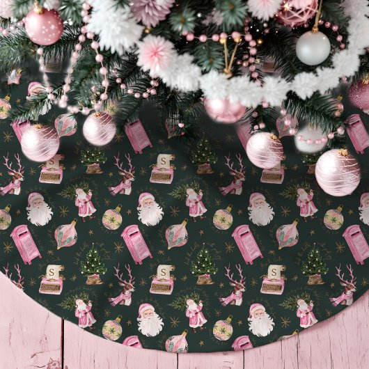 ヴィンテージサンタレトロピンククリスマスカスタムクリスマスモノグラム ブラッシュドポリエステルツリースカート