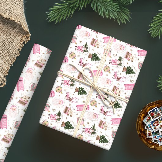 ヴィンテージサンタレトロピンククリスマスカスタムクリスマスモノグラム ラッピングペーパー