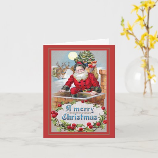 ヴィンテージサンタ入り煙突の折り畳みクリスマスカード カード (黄色い花)