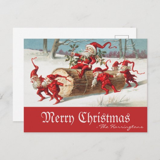 ヴィンテージサンタ小人メリークリスマスレトロ シーズンポストカード (正面/裏面)