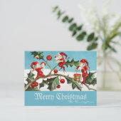 ヴィンテージサンタ小妖精や小人メリークリスマスレトロブルー シーズンポストカード (スタンド正面)