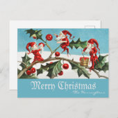 ヴィンテージサンタ小妖精や小人メリークリスマスレトロブルー シーズンポストカード (正面/裏面)