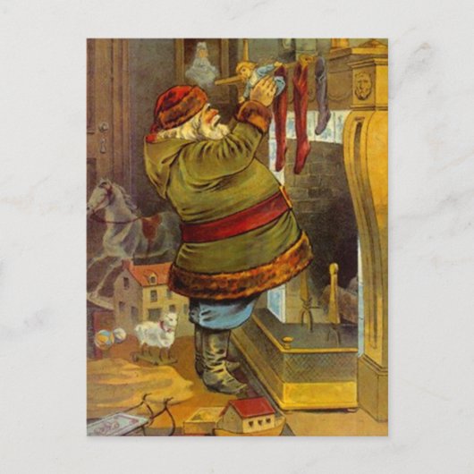 ヴィンテージサンタ素朴なウッドランド詰めストッキング シーズンポストカード (正面)