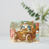 ヴィンテージサンタ金ゴールド車とクリスマスエンジェル シーズンポストカード (スタンド正面)
