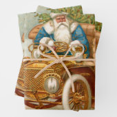 ヴィンテージサンタ金ゴールド車とクリスマスエンジェル ラッピングペーパーシート (インサイチュ)