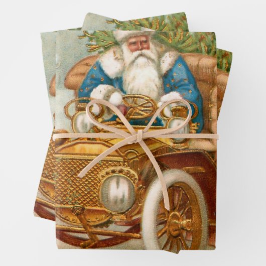 ヴィンテージサンタ金ゴールド車とクリスマスエンジェル ラッピングペーパーシート (インサイチュ)