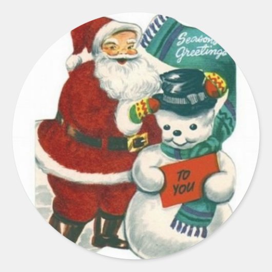 ヴィンテージサンタ雪だるまクリスマスウィンターホリデーアート ラウンドシール (正面)