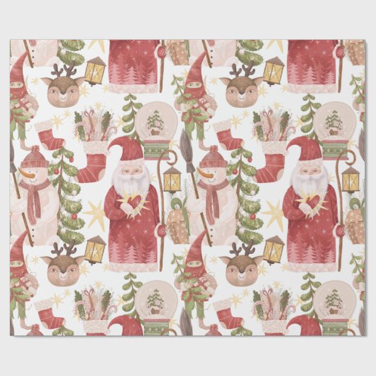 ヴィンテージサンタ雪だるまスノーグローブクリスマスパターン ラッピングペーパー (フラット)