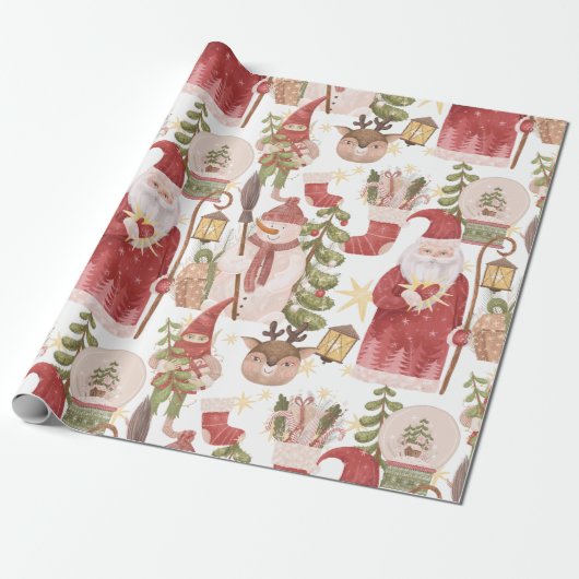 ヴィンテージサンタ雪だるまスノーグローブクリスマスパターン ラッピングペーパー (アンロールド)
