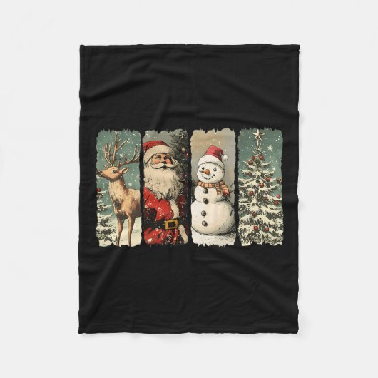 ヴィンテージサンタ雪だるまトナカイレトロ1950sクリスマス フリースブランケット (正面)