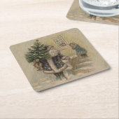 ヴィンテージサンタ雪クリスマスツリー スクエアペーパーコースター (アングル)