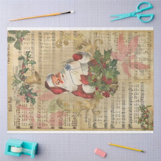 ヴィンテージサンタ音楽ポインセチアのクリスマスのデコページ 薄葉紙 (クラフト)