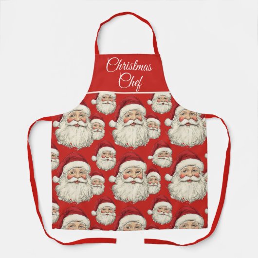 ヴィンテージサンタ顔パターン赤 エプロン (正面)