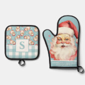 ヴィンテージサンタ顔ブルージンガムモノグラムの 鍋つかみ&鍋敷きセット (正面)